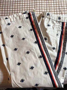 Anthropologie Cream Bee-Embroidered Trousers with Navy & Red Side Stripe